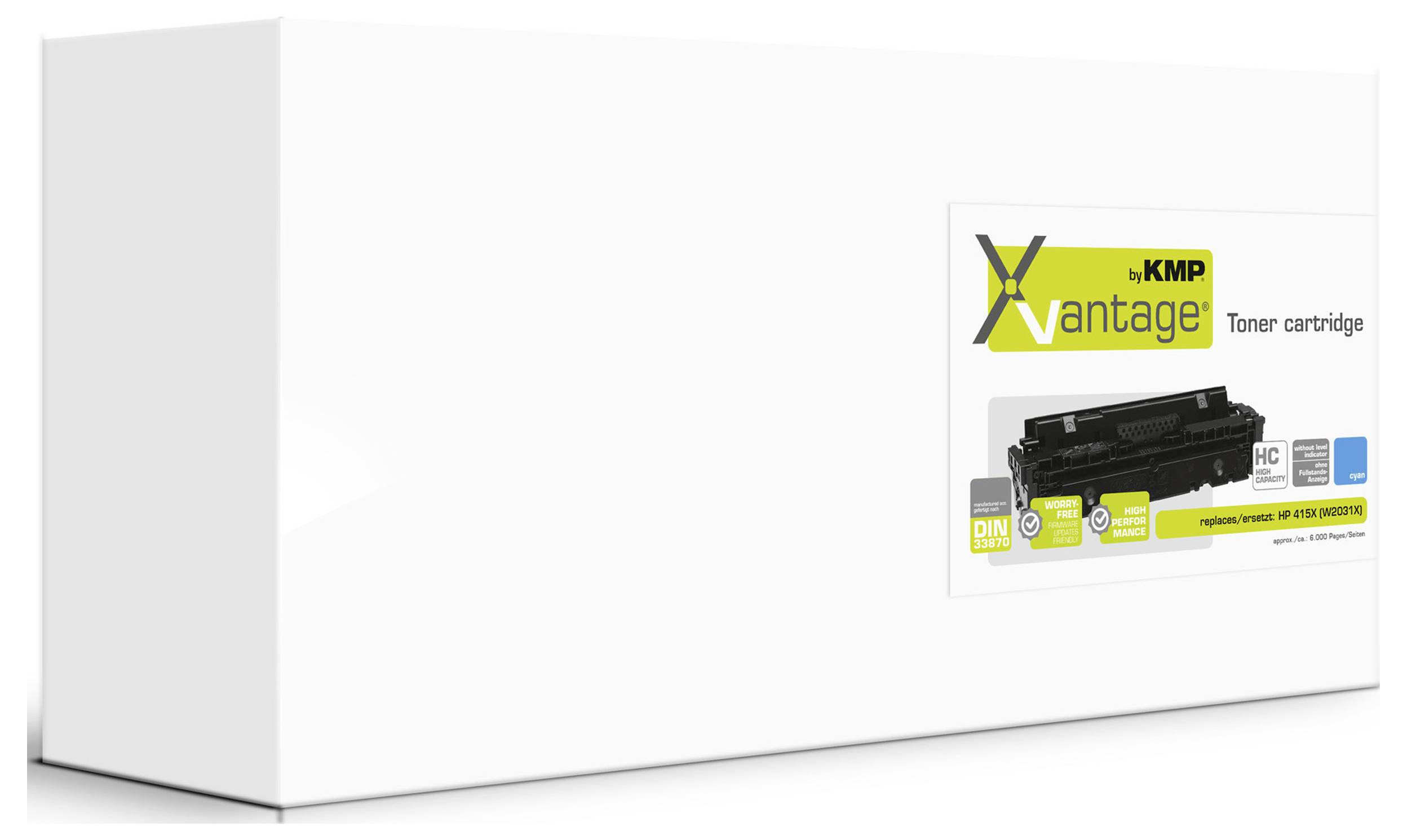 Boîte de cartouche de toner blanc étiquetée « kMP Vantage » avec image du produit sur le panneau frontal.