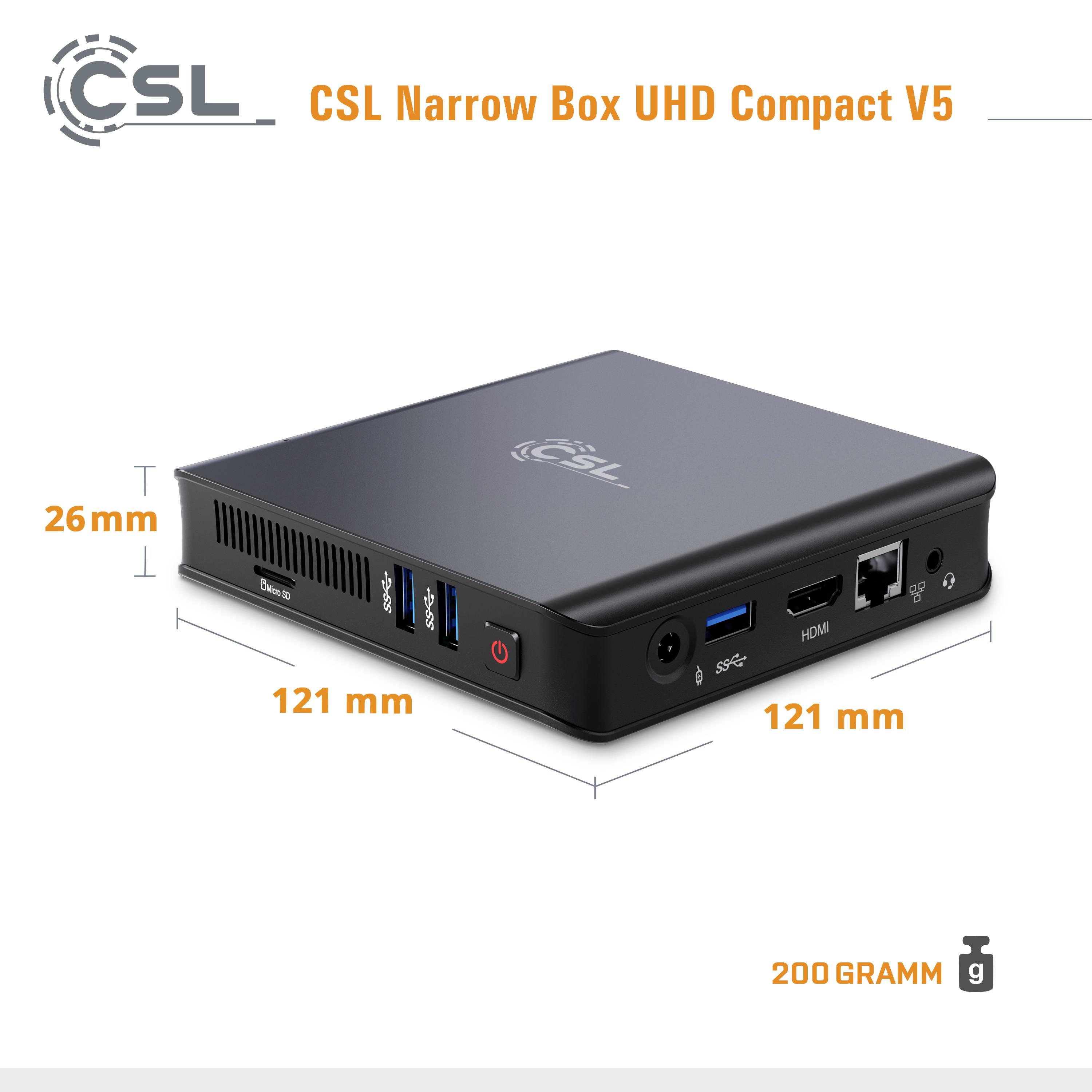 L'illustration présente le CSL Narrow Box UHD Compact V5, un appareil compact noir avec des connexions sur le côté. Dimensions : 121 x 121 x 26 mm, poids : 200 grammes.