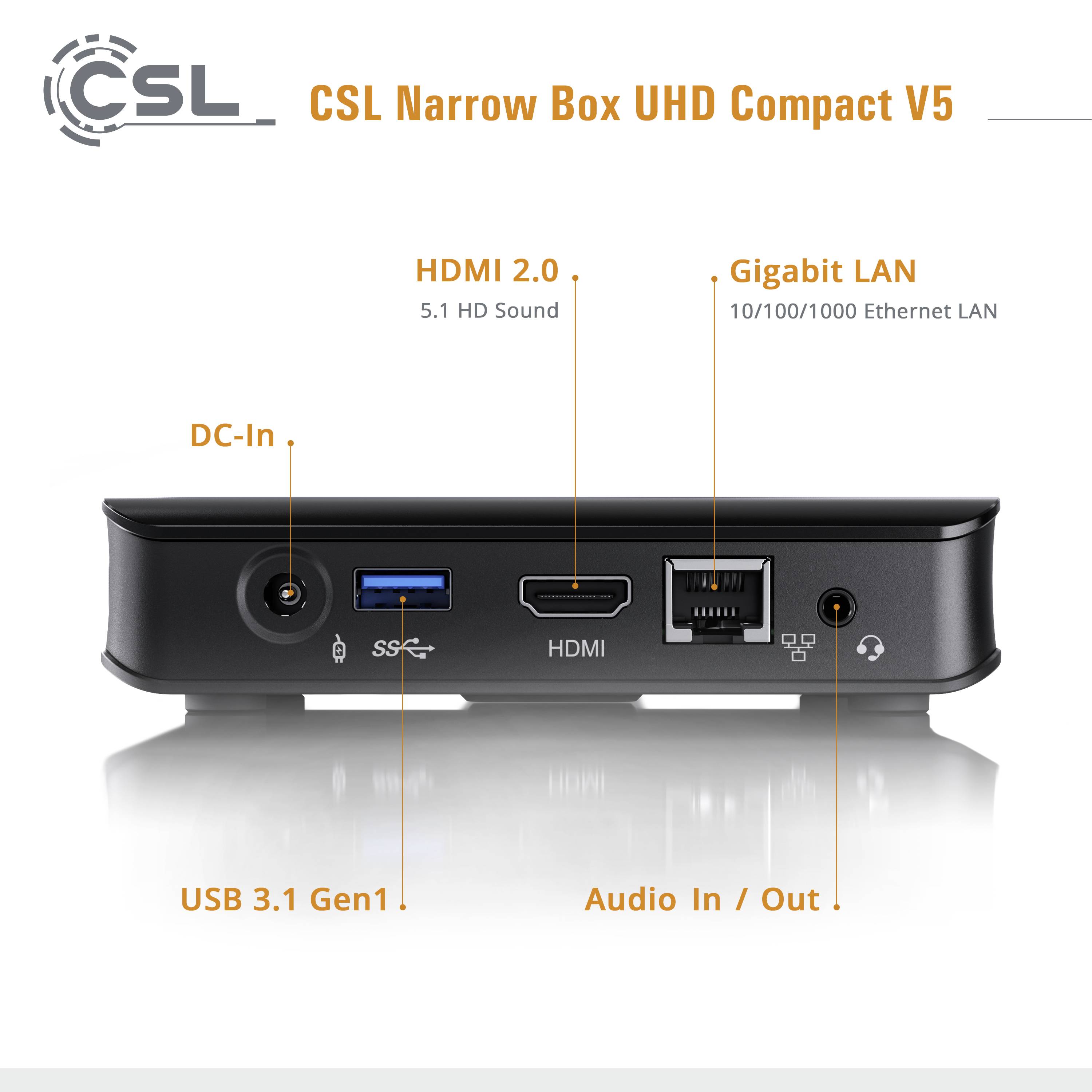 'CSL Narrow Box UHD Compact V5' montre l'arrière avec les connexions : entrée DC, USB 3.1, HDMI, Gigabit LAN, entrée/sortie audio.