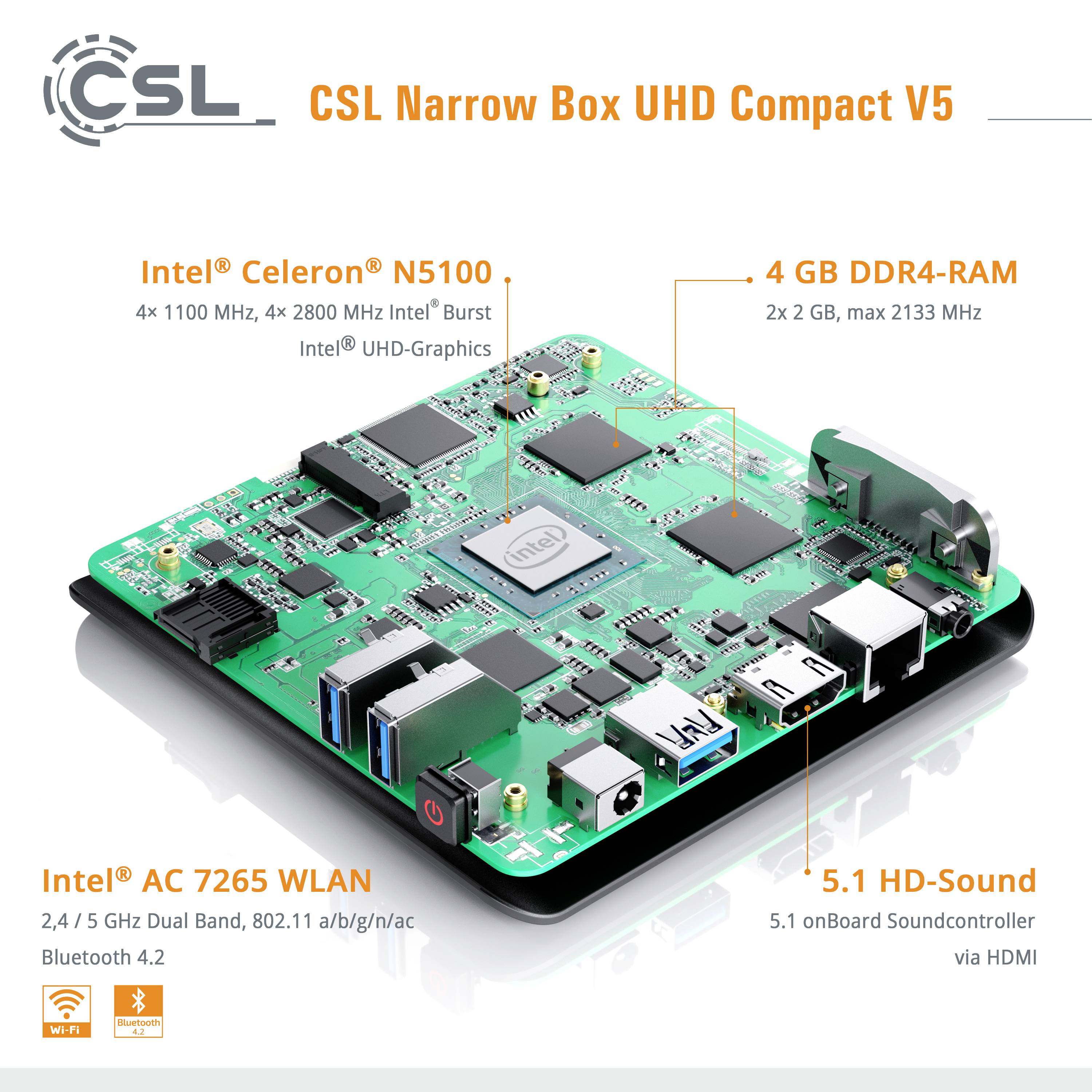 Le CSL Narrow Box UHD Compact V5 est un mini-PC doté d'un processeur Intel Celeron N5100, de 4 Go de RAM DDR4 et de graphiques Intel UHD.