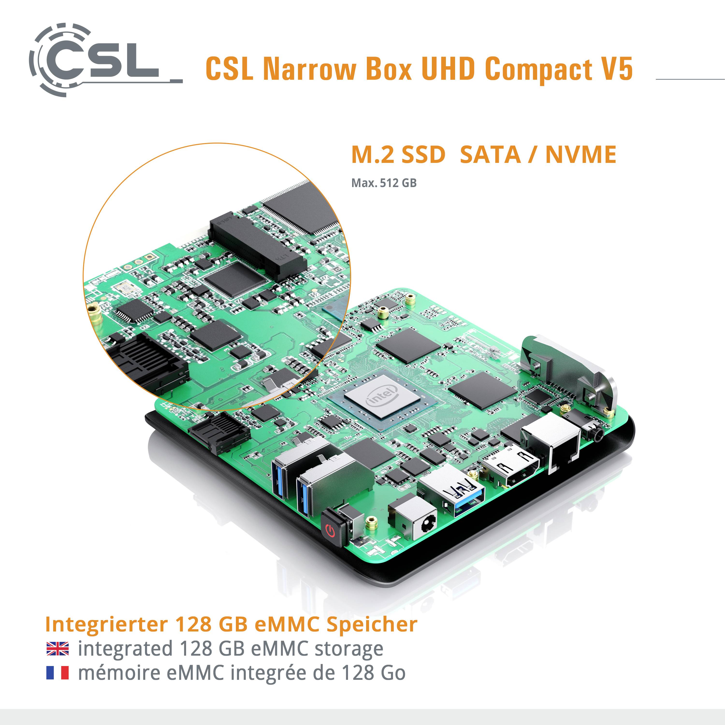 'CSL Narrow Box UHD Compact V5' présente une carte mère verte avec plusieurs connecteurs. Comprend un SSD M.2, des ports SATA/NVME et 128 Go de mémoire.