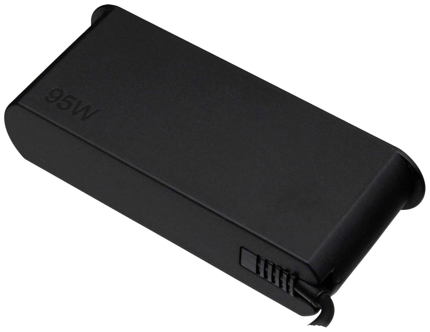 Un chargeur d'ordinateur portable noir rectangulaire de 95 watts, avec des coins arrondis et une prise d'alimentation sur le côté.