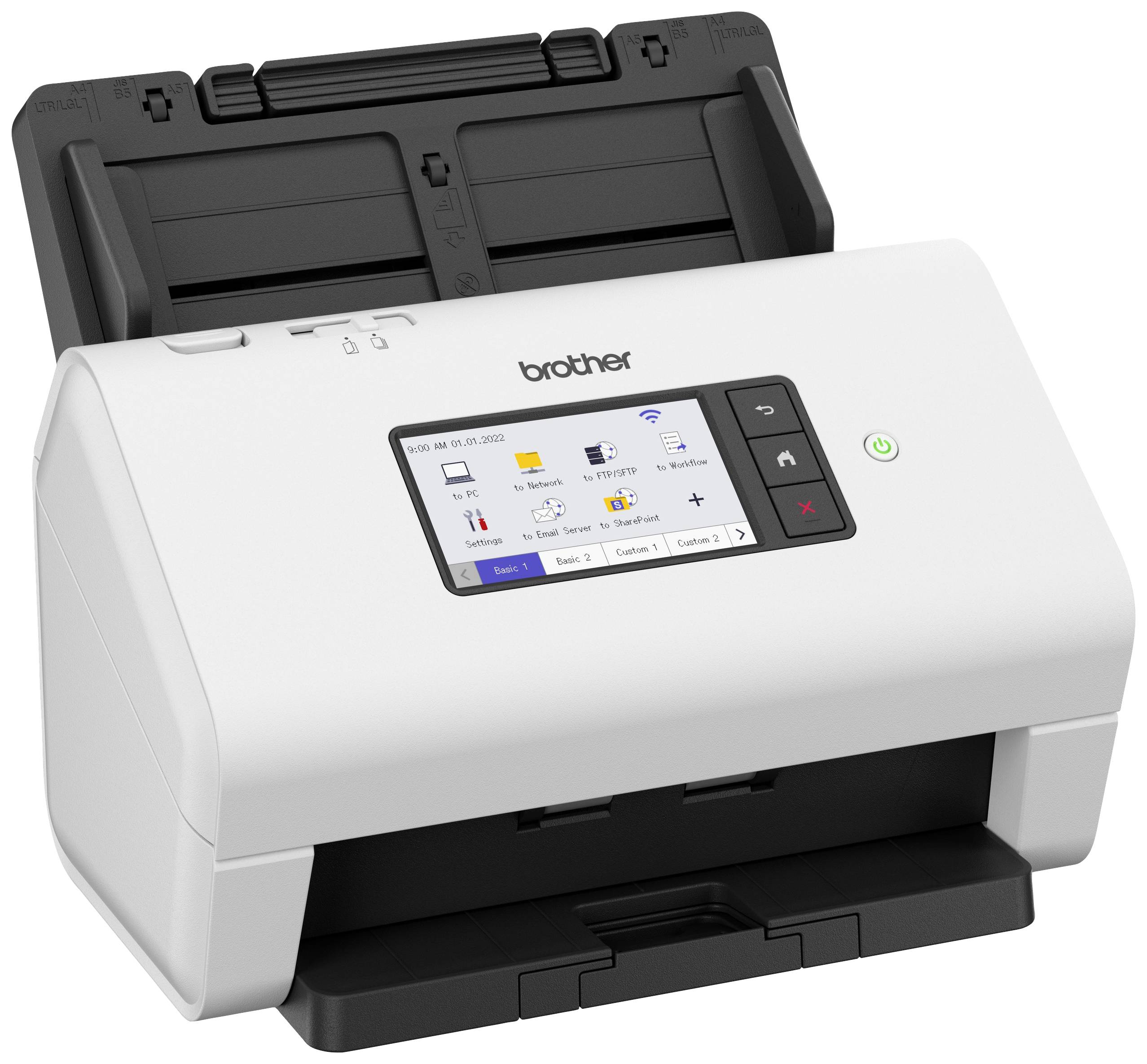 Un scanner de documents blanc avec un écran à l'avant, affichant "Scan to PC" et des symboles. Bac d'alimentation en haut, bac de sortie en bas.