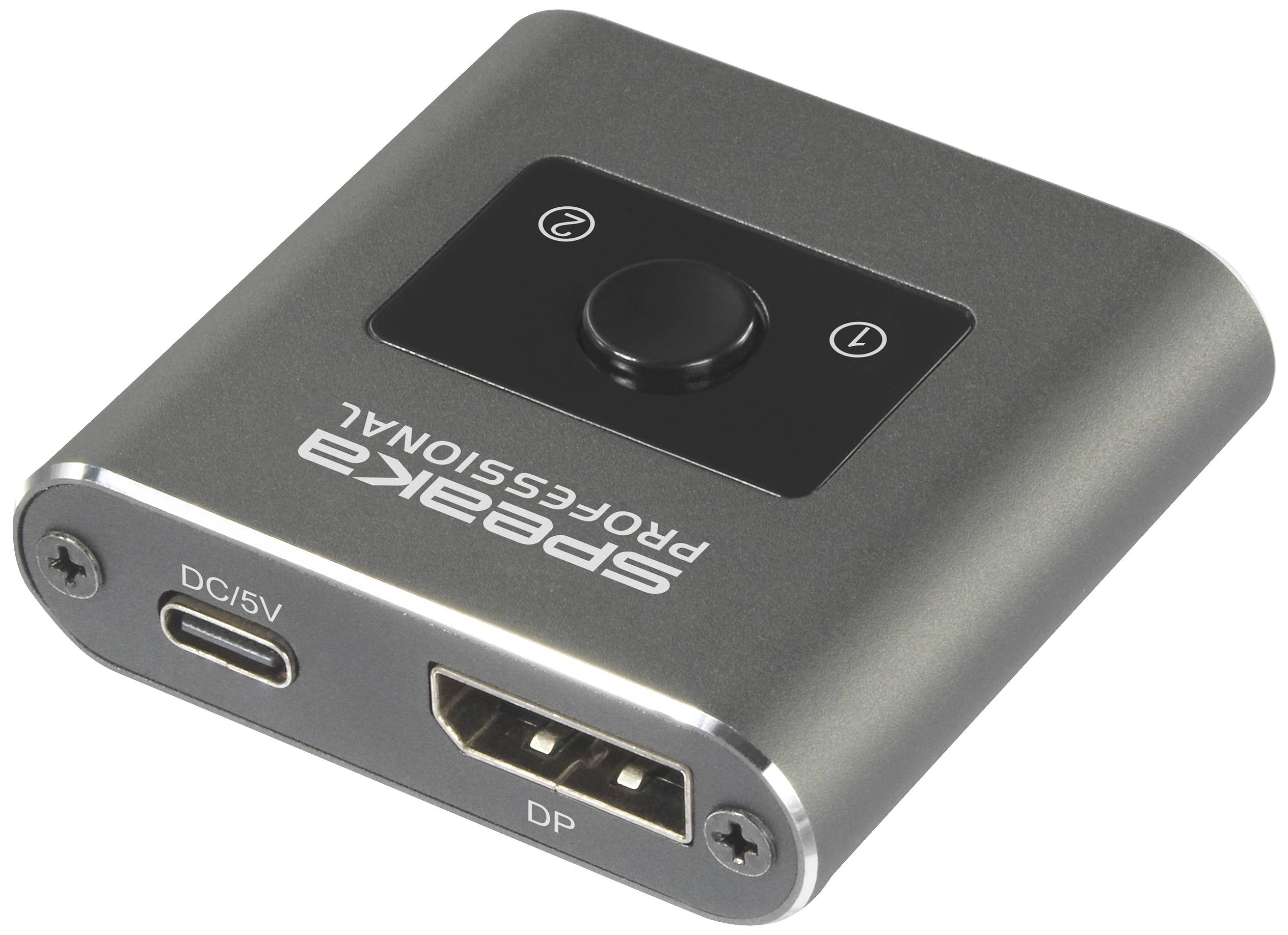 Un adaptateur audio compact et rectangulaire avec des connexions pour DC/5V et DP. Accent mis sur une grande touche centrale.