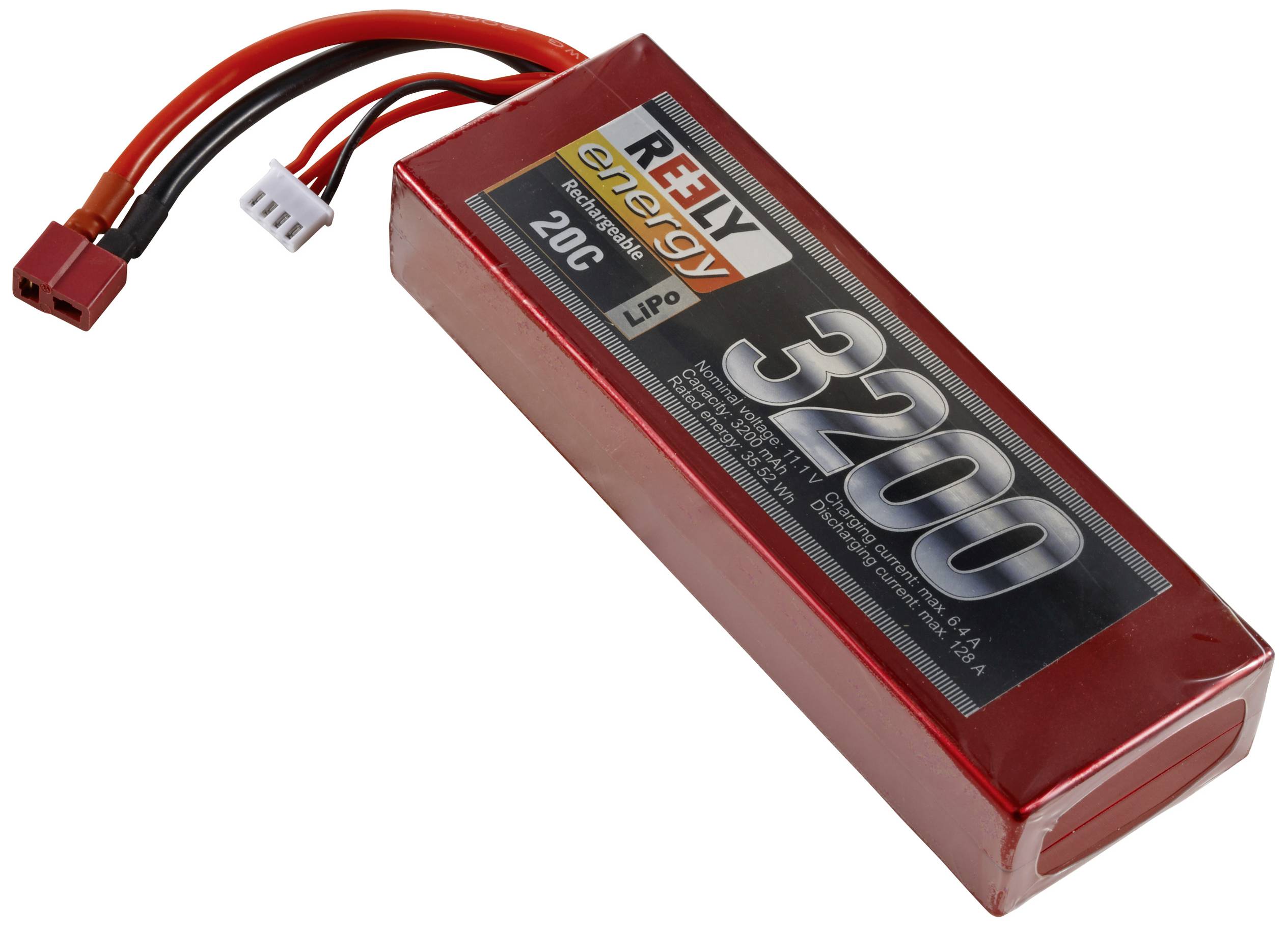 Un accumulateur LiPo rouge de Reely avec une capacité de 3200 mAh et un taux de décharge de 20C. La batterie dispose de deux câbles de connexion.