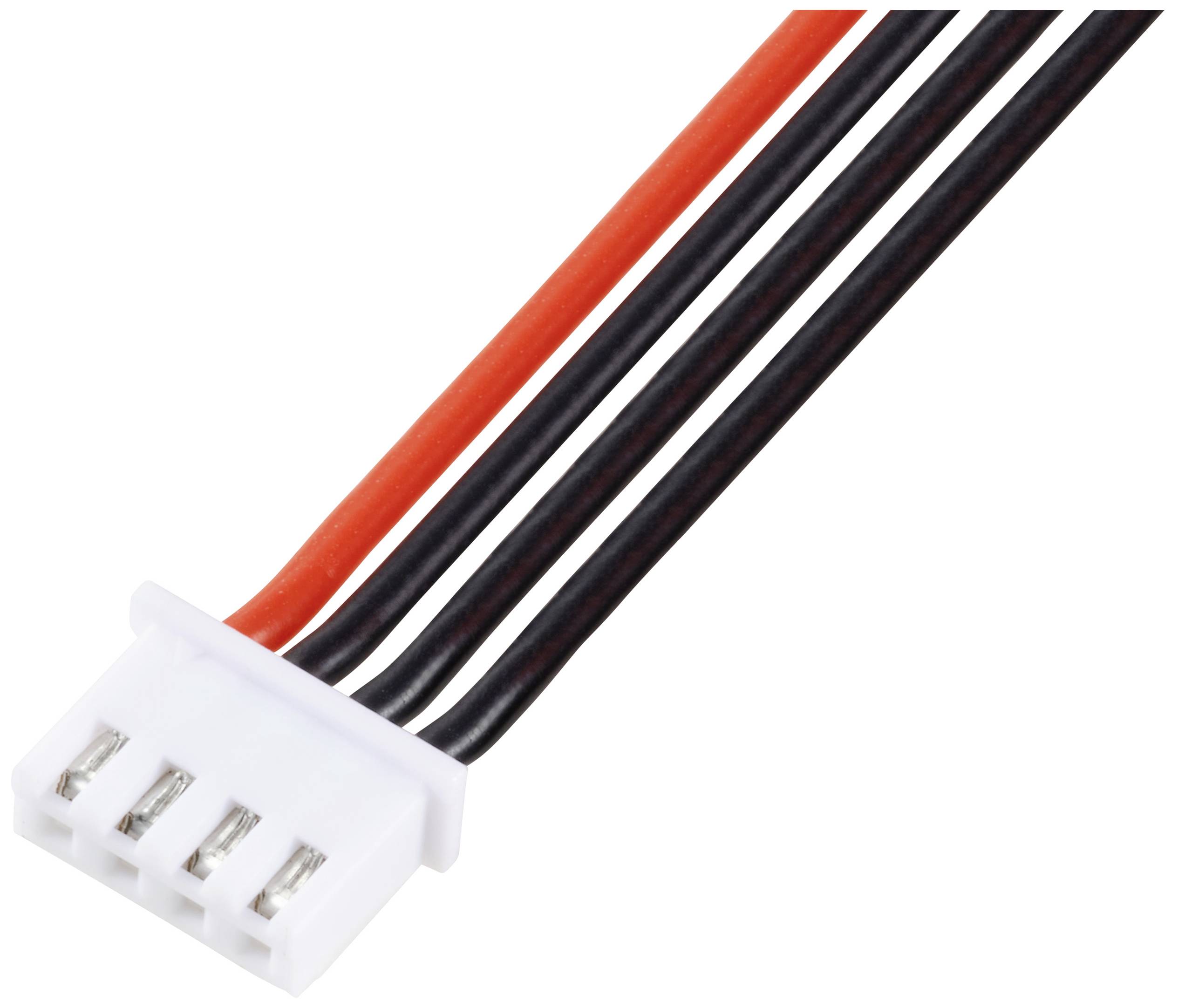 Un connecteur quadripolaire avec un boîtier en plastique blanc et trois fils apparents en rouge et en noir, pour des connexions électroniques.
