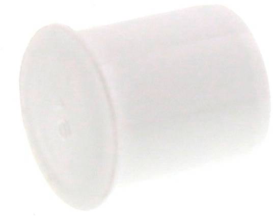 Couvercle de plastique blanc, cylindrique, à bord arrondi, légèrement transparent, sur fond blanc.