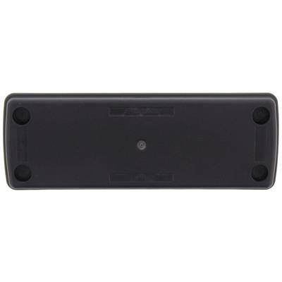 Télécommande noire ou appareil de forme rectangulaire avec des pieds antidérapants sur tous les coins, vu du dessous. Aucune touche ou indication visible.