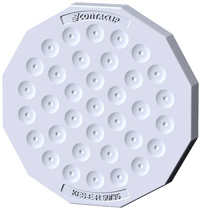 Un couvercle rond gris avec des points en relief et l'inscription 'Conta-Clip KES-E-R 50/35' en haut et en bas.