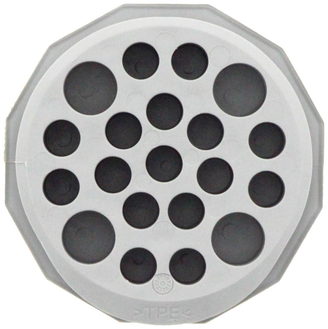 Couvercle d'écoulement gris, rond, avec plusieurs petits et grands trous disposés selon un motif circulaire.