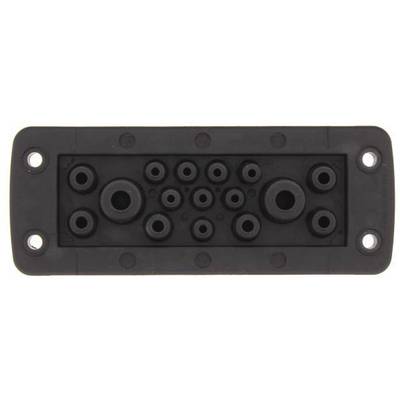Une pièce rectangulaire en plastique noir avec plusieurs découpes circulaires de différentes tailles au centre.