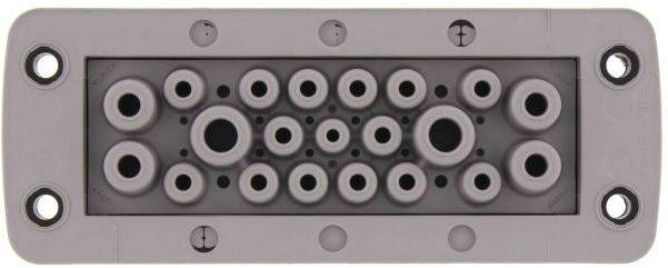 Un connecteur rectangulaire avec 21 broches rondes de différents diamètres. Adapté pour les connexions électriques dans des systèmes complexes.