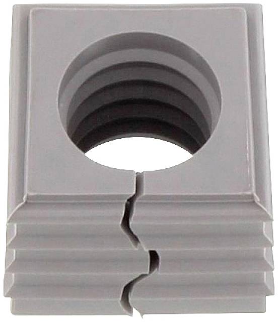Pièce en plastique grise, rectangulaire, avec des rainures et un trou rond au centre, fendue, probablement un élément d'un système de fixation.