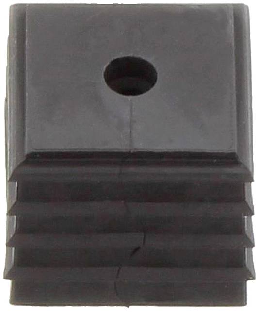 Un bloc en plastique noir rectangulaire avec une rainure verticale et un trou au centre.