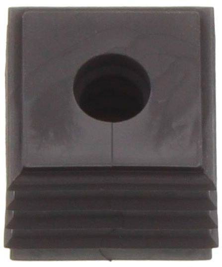Une pièce rectangulaire en plastique noir avec un trou central et des côtés nervurés sur la moitié inférieure.