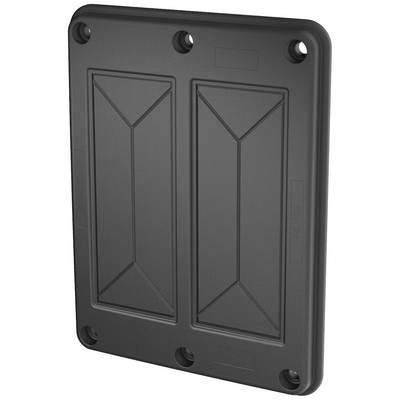 Couvercle noir rectangulaire avec motif géométrique et coins arrondis, muni de quatre trous de vis aux angles.