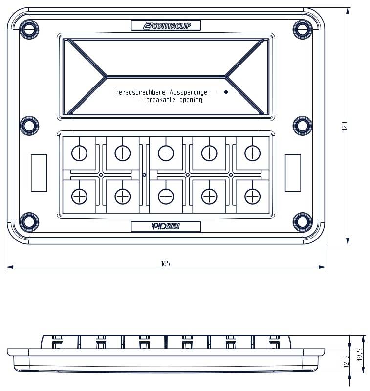 Dessin technique d'un boîtier rectangulaire aux dimensions 165 mm x 124 mm. Il présente des ouvertures prédécoupées et des trous de montage.