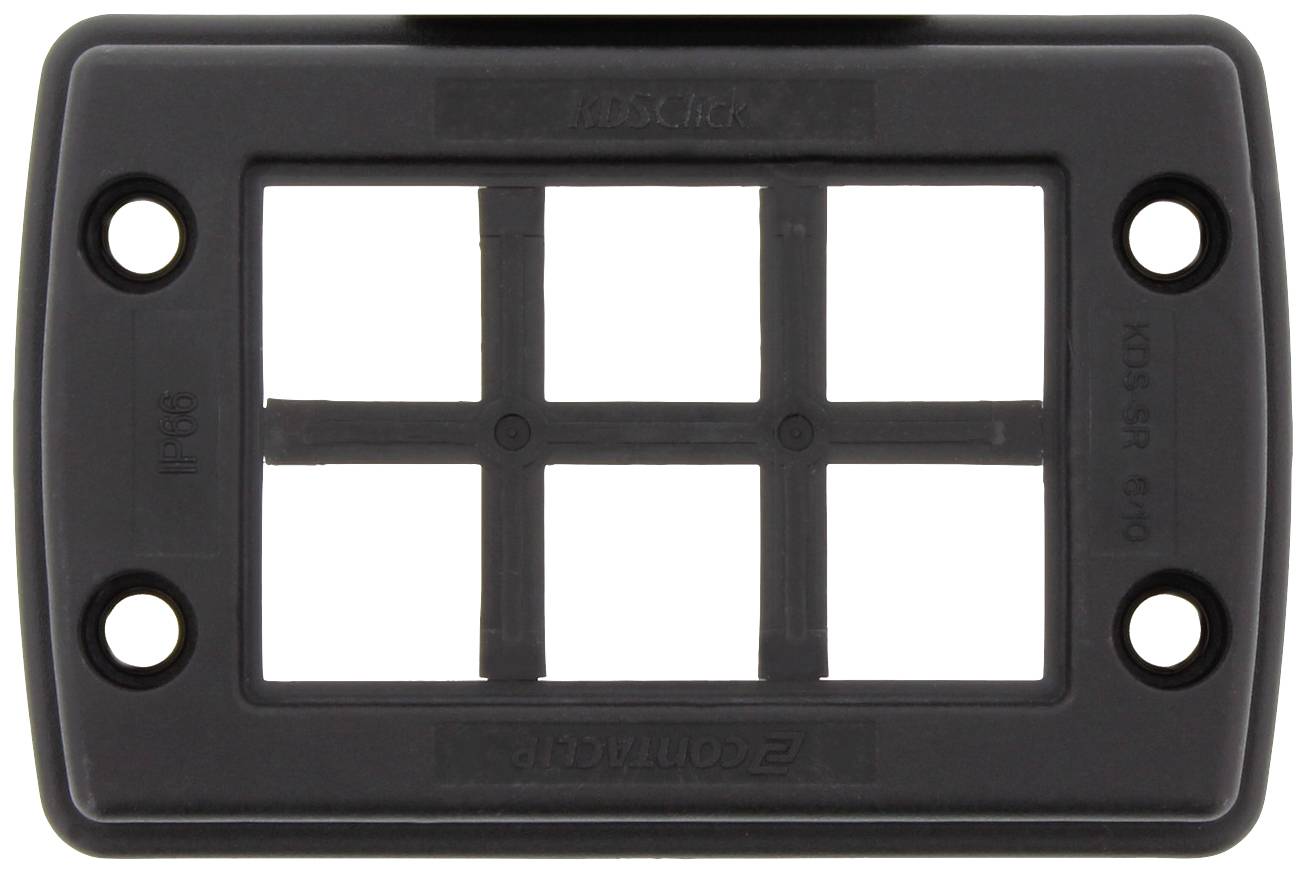 Pièce en plastique noir, rectangulaire, avec quatre trous de vis et un motif de grille ouvert au centre.