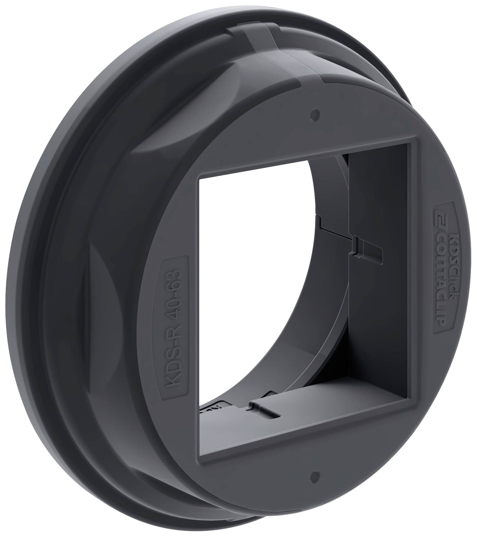Passe-câble rond gris en plastique avec ouverture carrée au centre pour la gestion des câbles dans les installations murales ou de boîtiers.