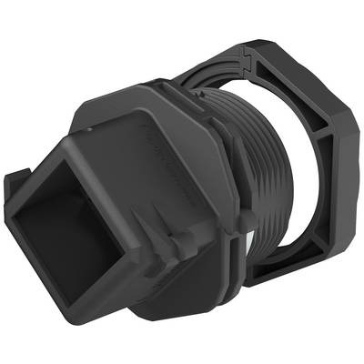Un composant technique noir avec un filetage pour vis et un raccordement rectangulaire, probablement un connecteur ou un adaptateur.
