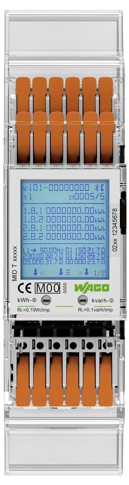 Compteur électrique numérique avec contacts orange et affichage bleu, indiquant les informations de consommation électrique en kWh.