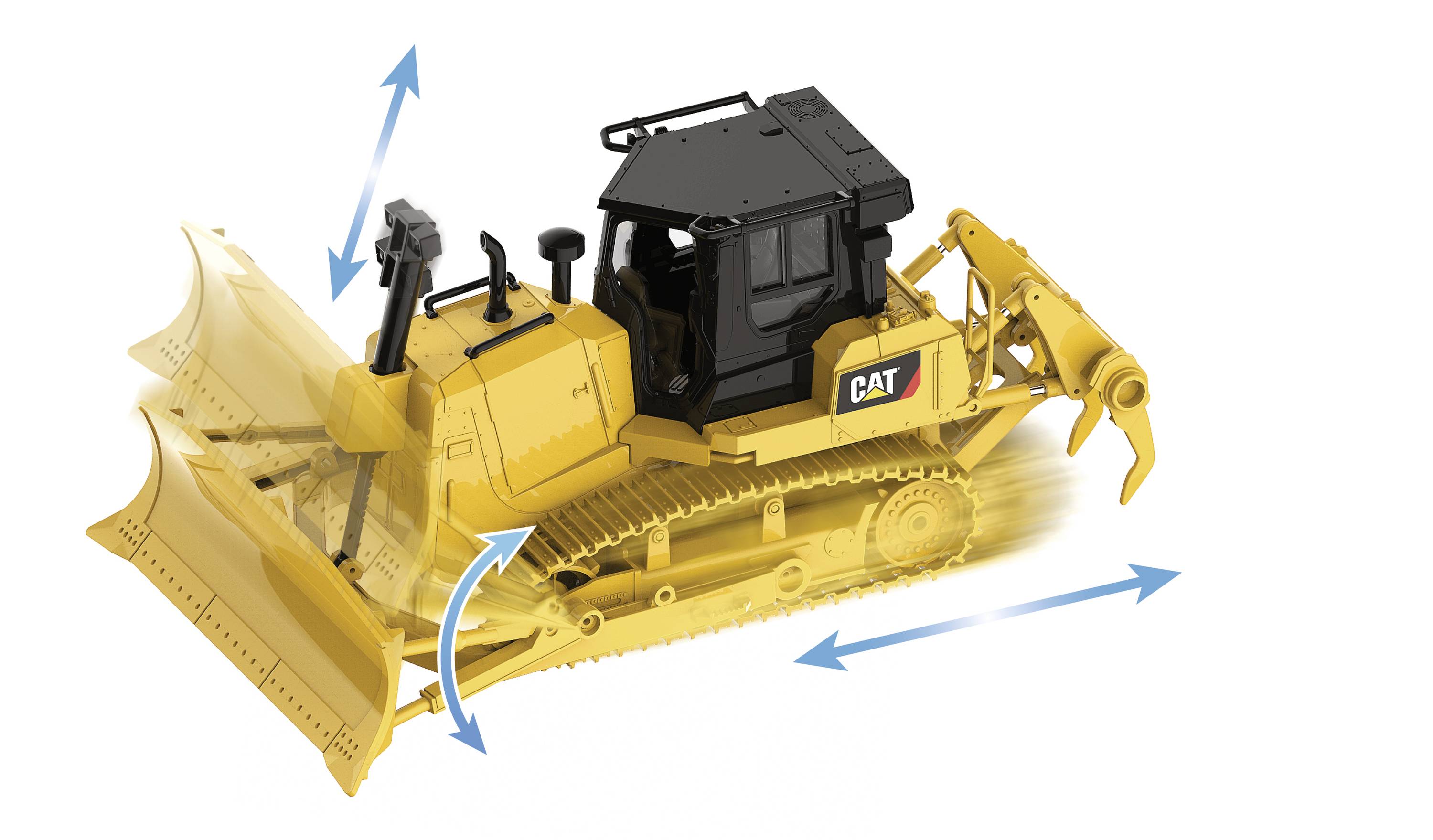 Un bulldozer jaune avec des détails noirs indique les directions de mouvement à l'aide de flèches bleues. Le bulldozer est représenté en action.