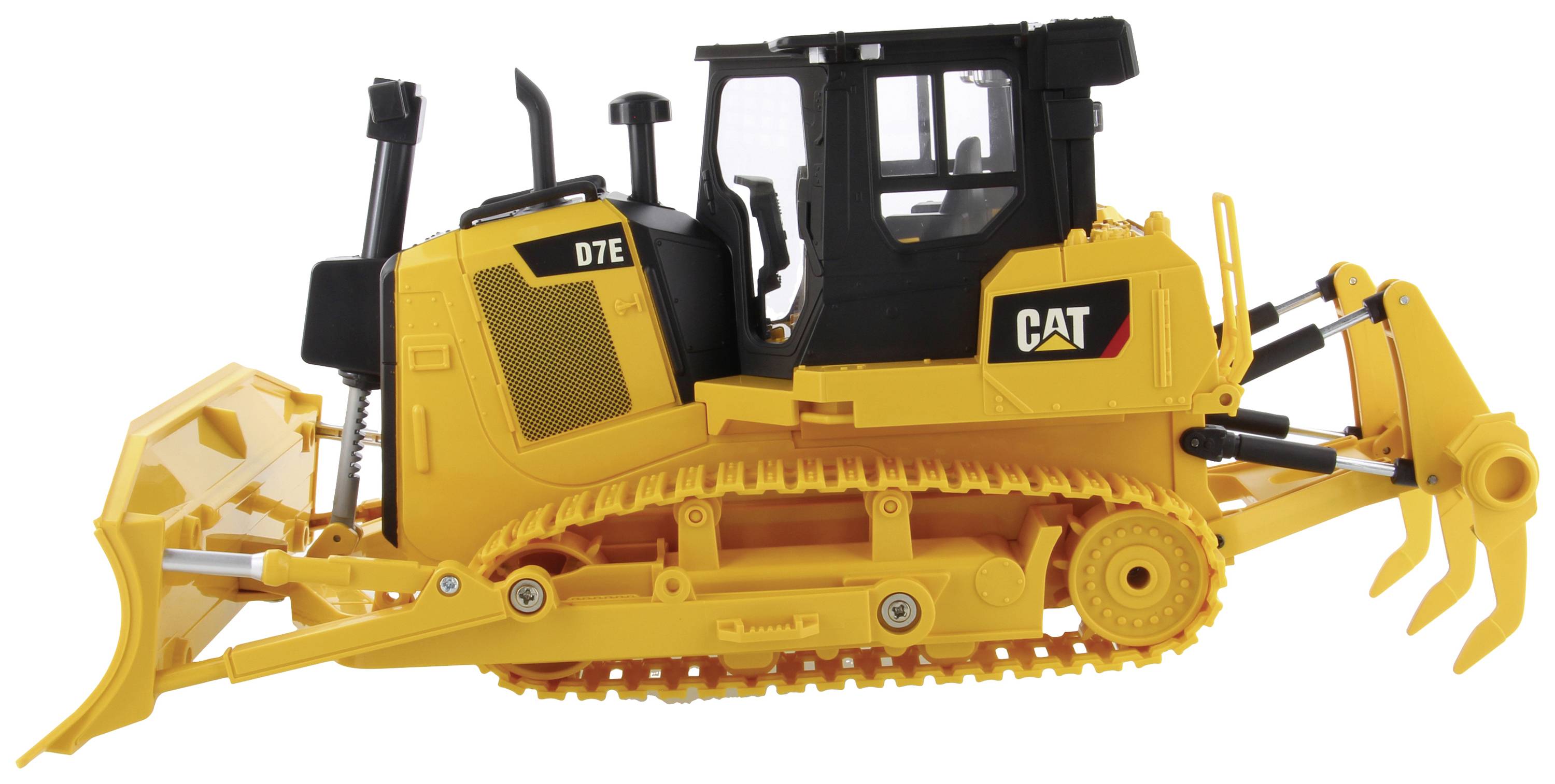 Bulldozer jaune de la marque CAT, modèle D7E, avec chenilles et godet orientable, vue latérale.