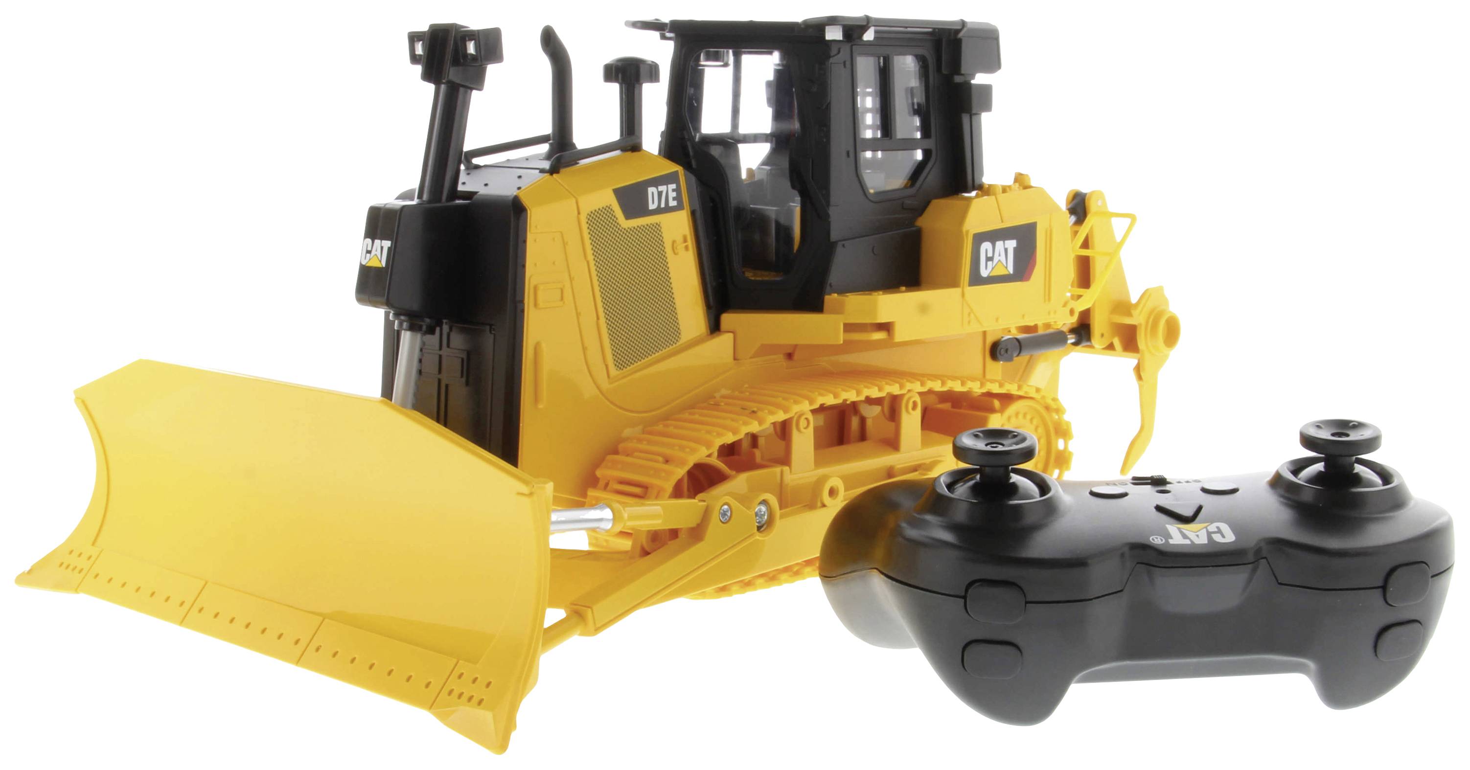 Bulldozer de jouet jaune télécommandé avec commande de mouvement, bouclier jaune à l'avant. Reproduction miniature d'un véhicule Caterpillar.