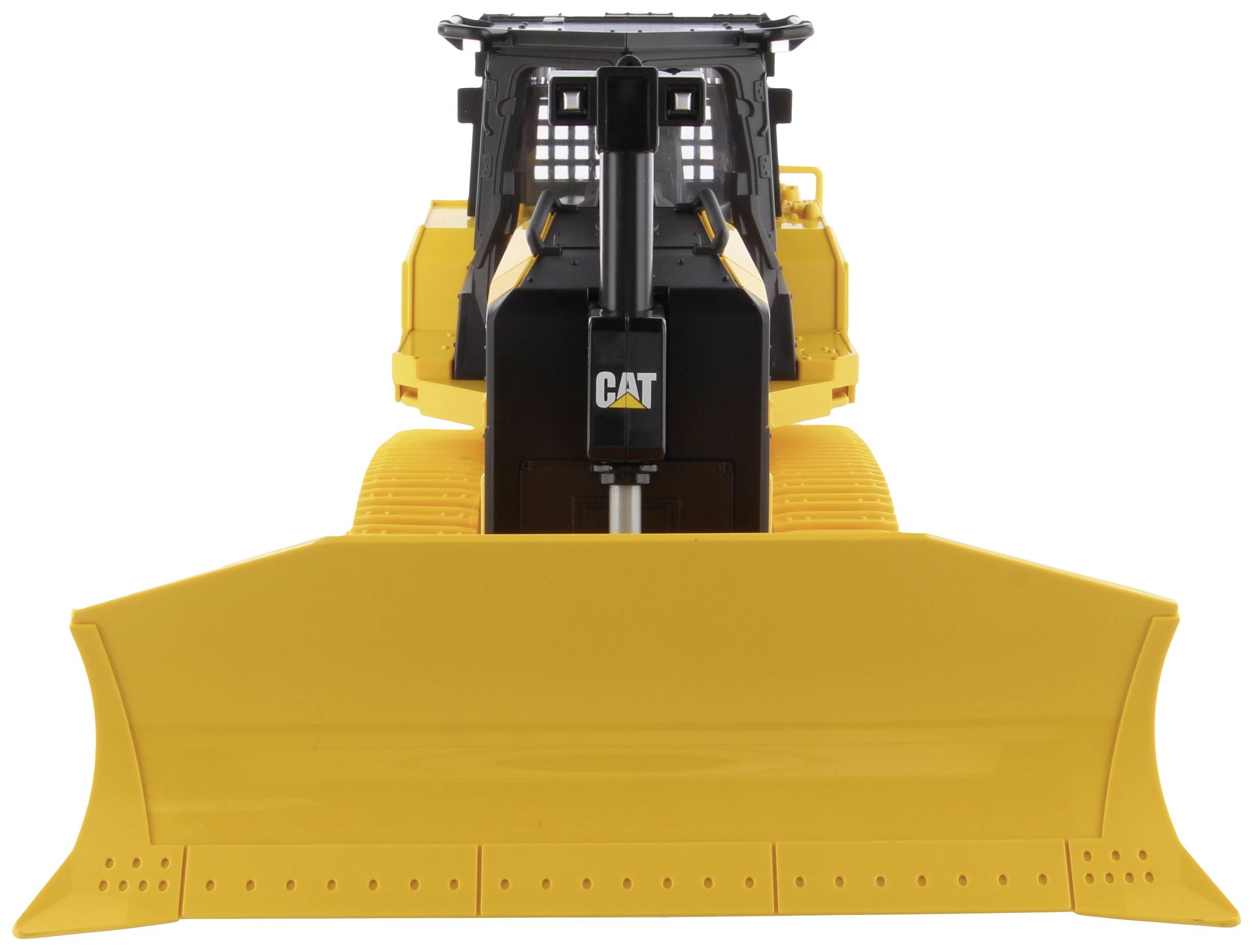 Un bulldozer jaune avec un grand godet à l'avant. Le véhicule est représenté de face et prêt à travailler.