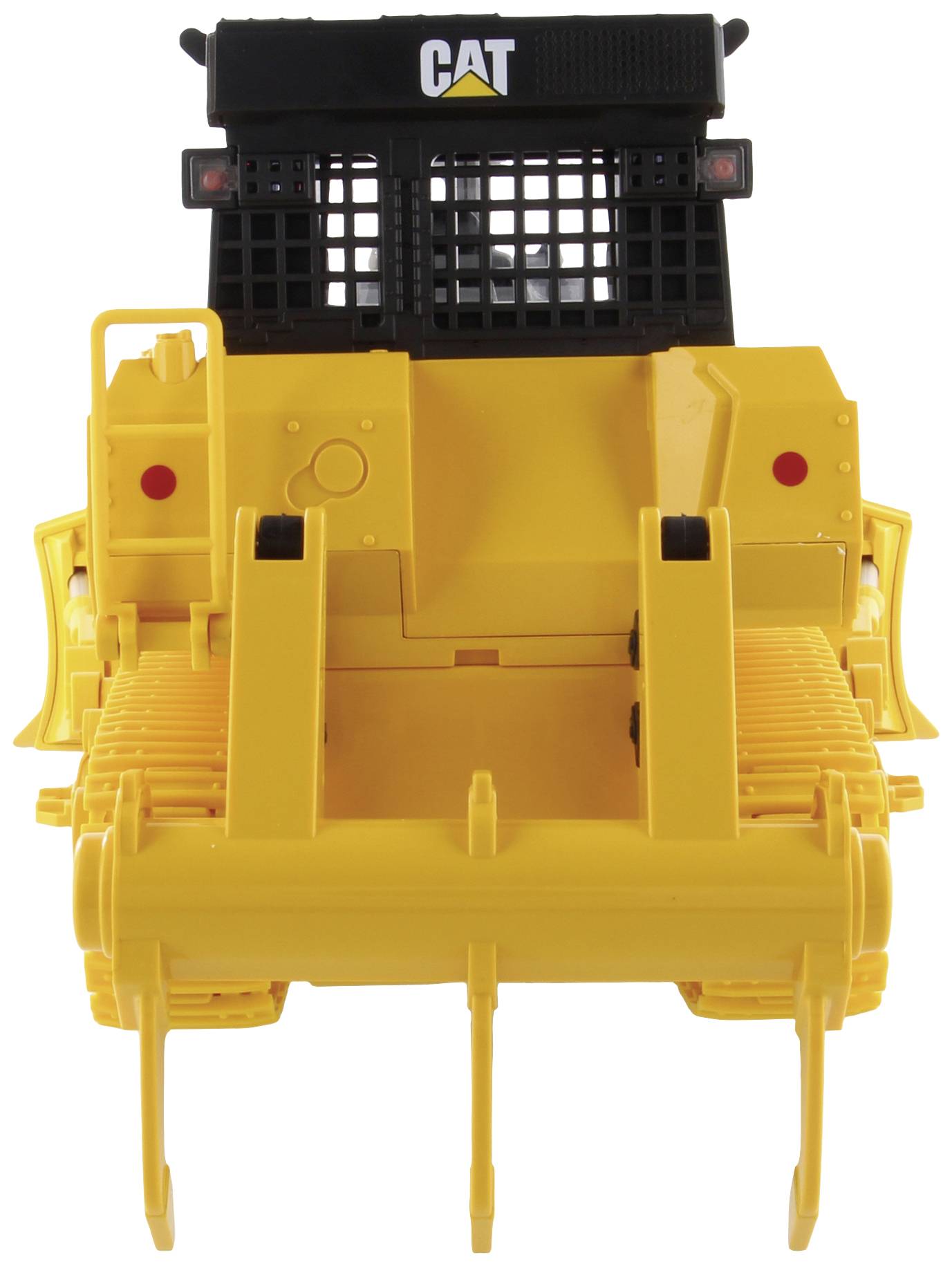 Un bulldozer jaune de face, avec des chenilles robustes et un grand godet, est posé sur un fond blanc.