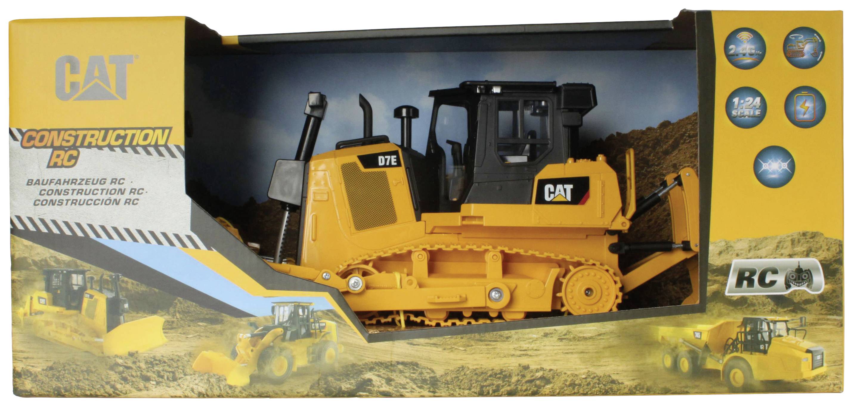Bulldozer miniature dans un emballage portant l'inscription 'CAT Construction RC Bulldozer'. Design jaune et noir, présenté dans un environnement de chantier.