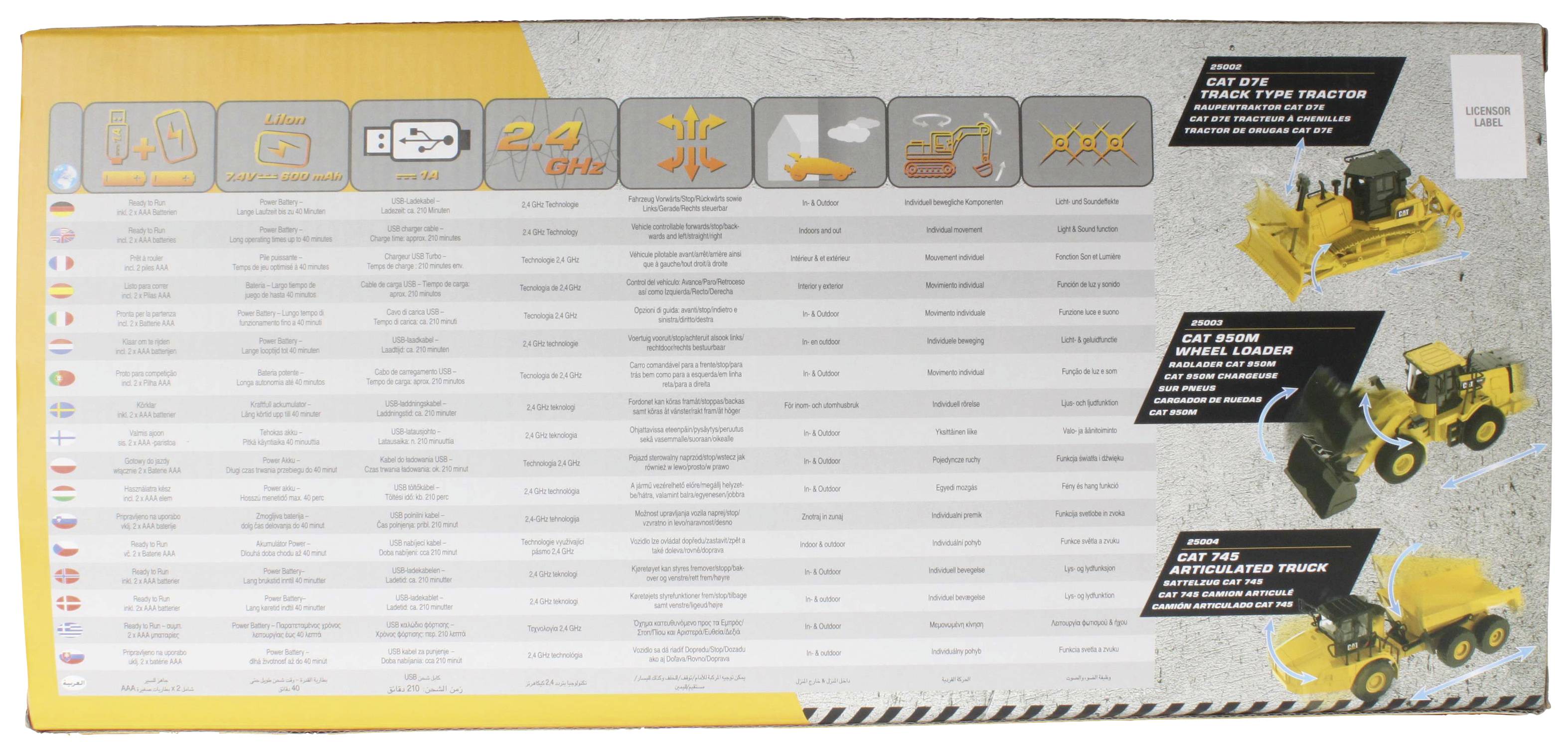 Dos de l'emballage montrant un jouet avec des données techniques et des illustrations de trois modèles de machines de chantier jaunes : tracteur, chargeuse sur roues, benne basculante.