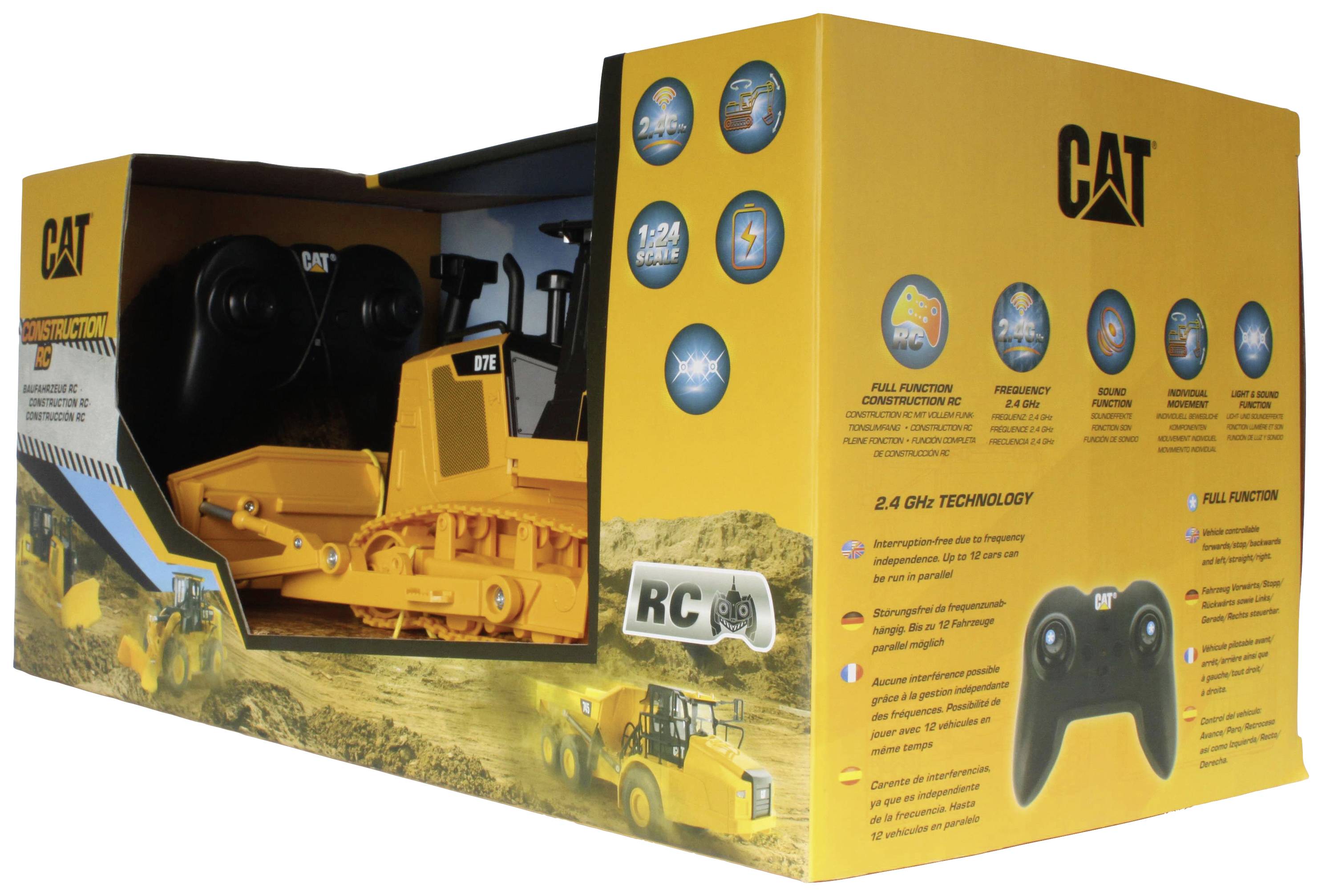 Ensemble de bulldozer télécommandé CAT dans un emballage jaune. Présente des fonctionnalités telles qu'un contrôle complet et une échelle de 1:24.