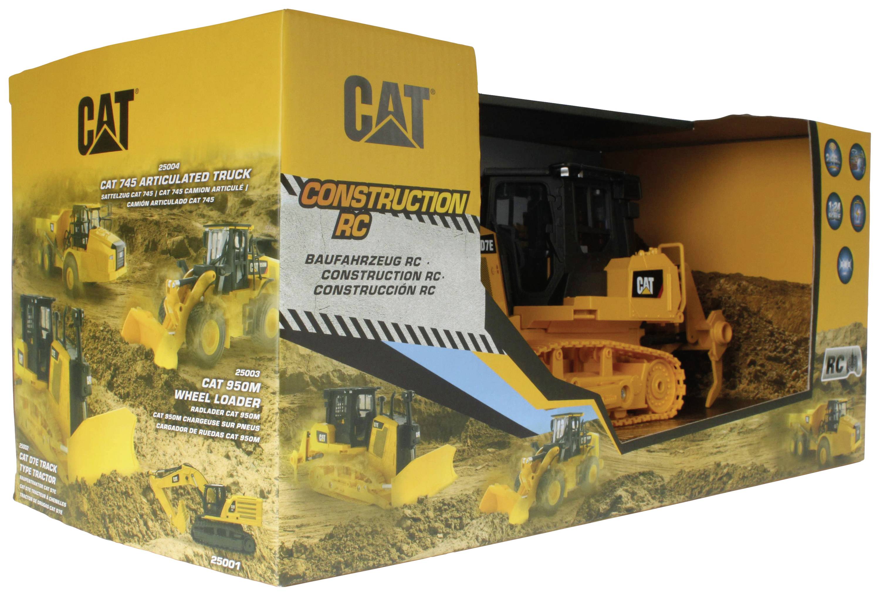 Emballage d'un véhicule de chantier télécommandé CAT, modèle chargeuse sur pneus CAT 950M, jaune avec des détails noirs.