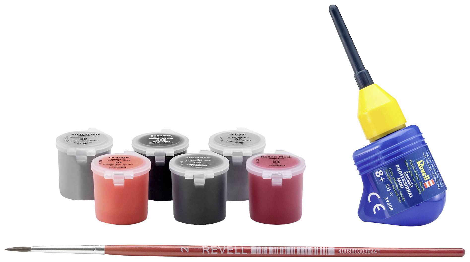 Six pots de peinture colorés avec un pinceau et de la colle.