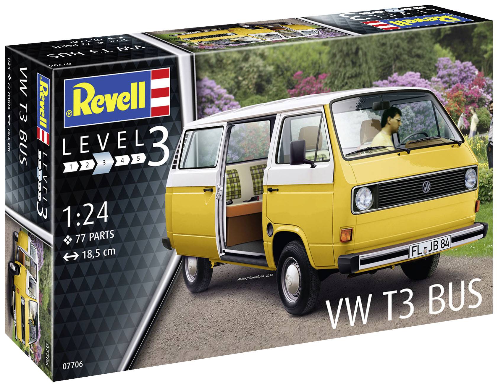 Kit de construction de modèle Revell VW T3, échelle 1:24, niveau 3, 77 pièces, véhicule jaune avec cabine ouverte illustré.