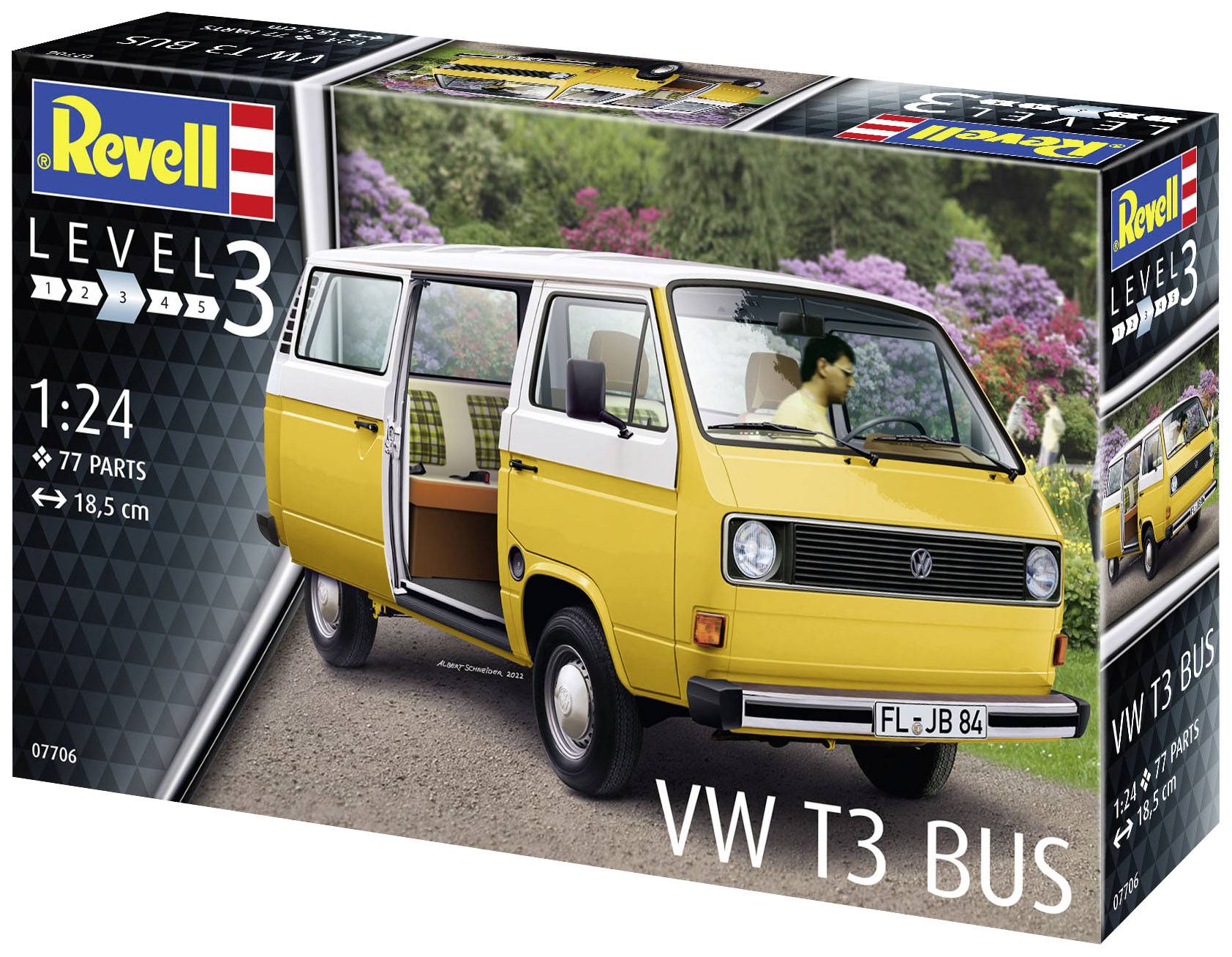 Kit de construction 'VW T3 Bus', échelle 1:24, Revell Niveau 3. L'emballage montre un van VW jaune et blanc avec un espace conducteur ouvert, en arrière-plan : une scène de parc.