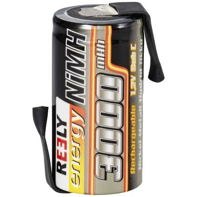 Batterie rechargeable Nickel-Métal Hydrure (NiMH), 1,2V, Sub C, 3000 mAh, inscription noire 'Reely Energy NIMH' sur boîtier argenté.