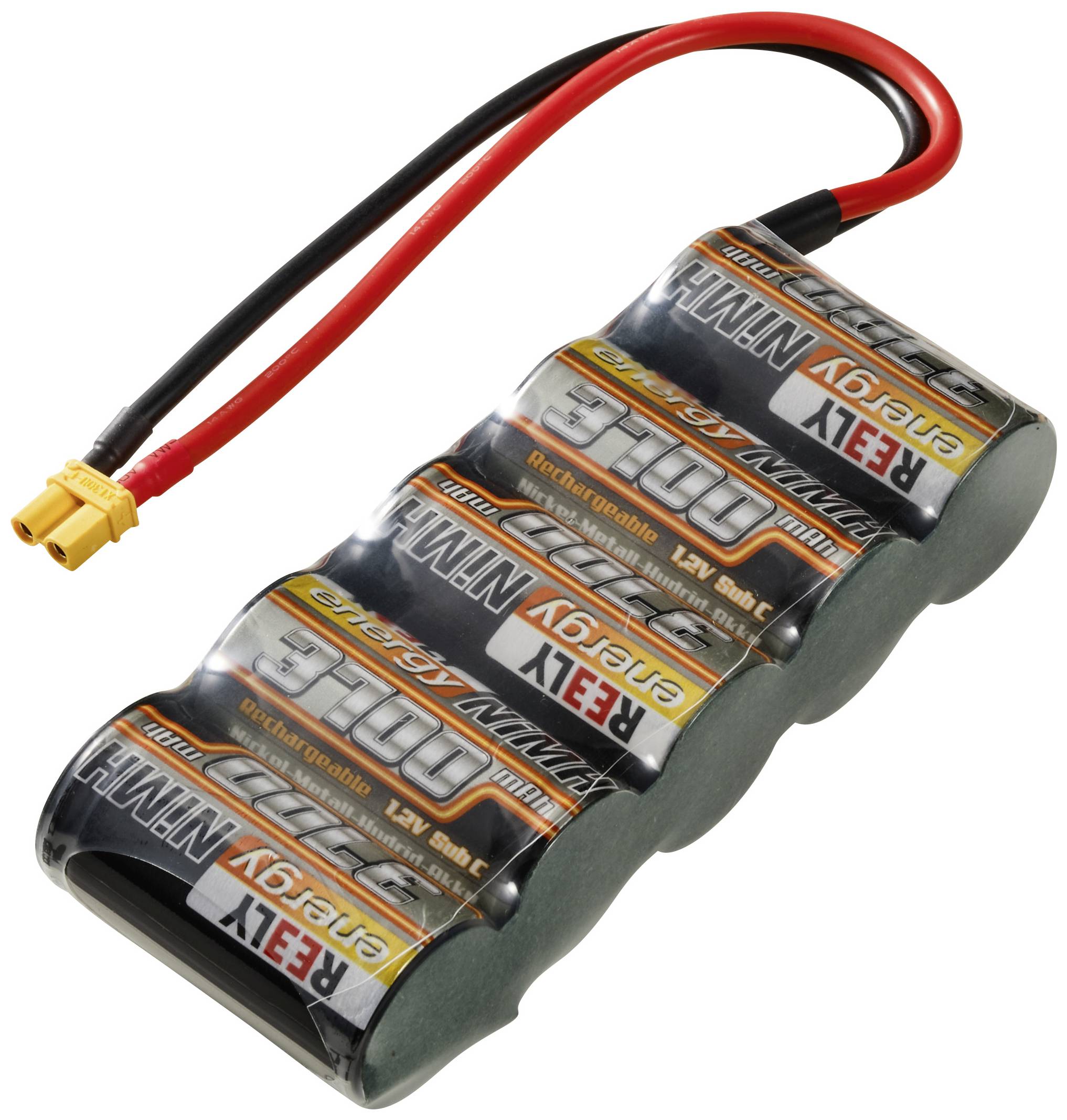 Pack de batteries avec quatre cellules cylindriques, connectées en série, avec des câbles de connexion rouges et noirs et une fiche jaune.