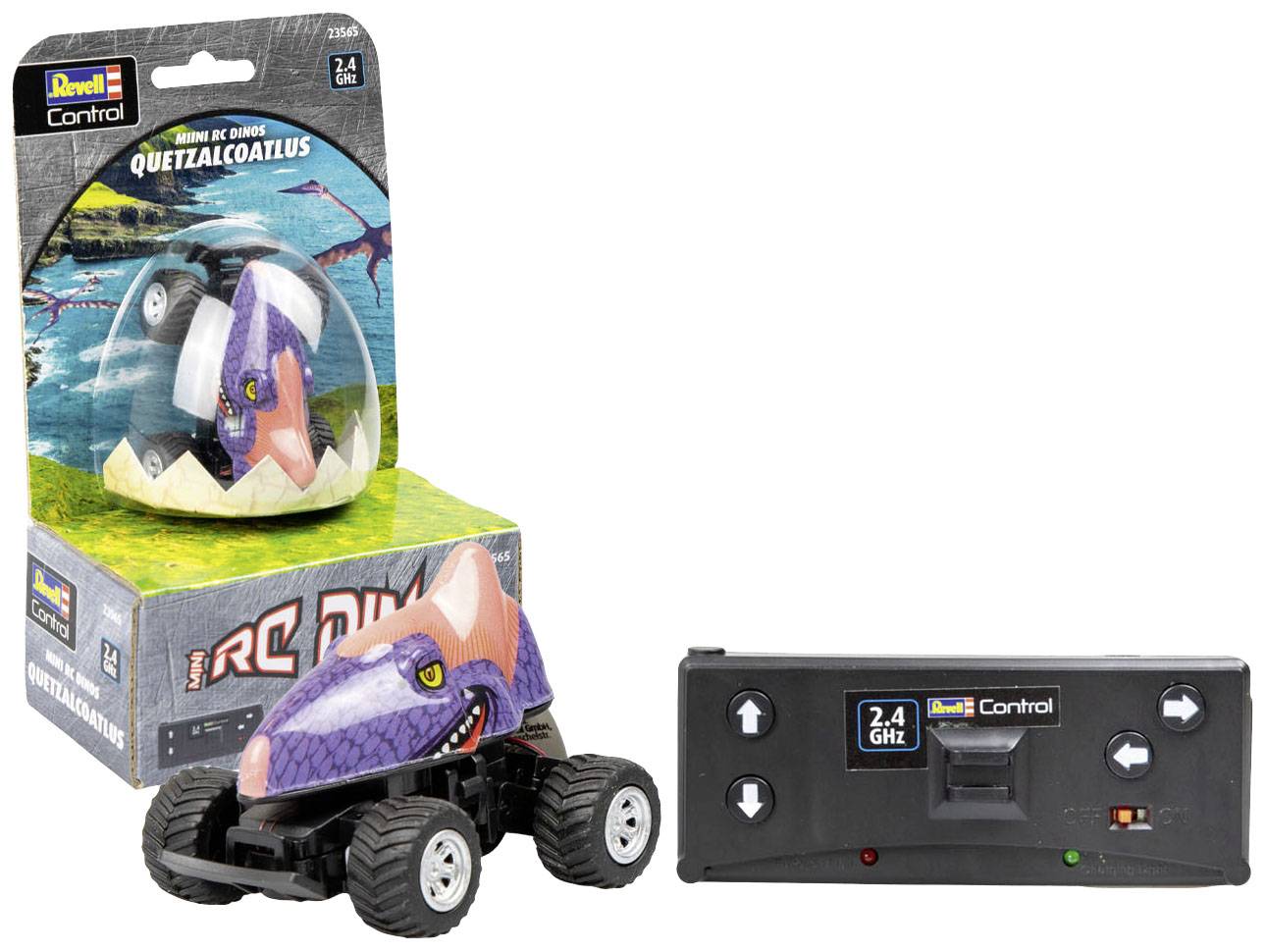 Ensemble de voiture télécommandée de dinosaure avec un design de tête de Quetzalcoatlus violet, télécommandé et adapté aux enfants à partir de 6 ans.