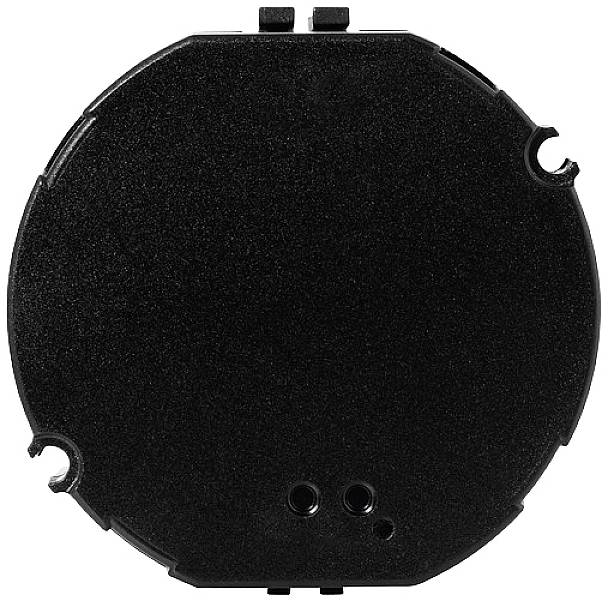 Boîtier noir et rond d'un appareil électronique doté de deux connexions sur sa face inférieure.