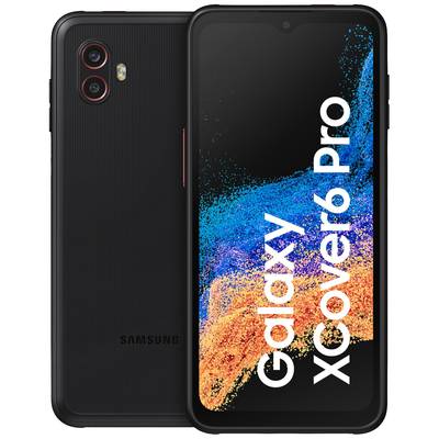 Deux smartphones Samsung Galaxy XCover6 Pro : l'un montrant l'arrière avec l'appareil photo, l'autre la face avant avec l'écran et le logo.