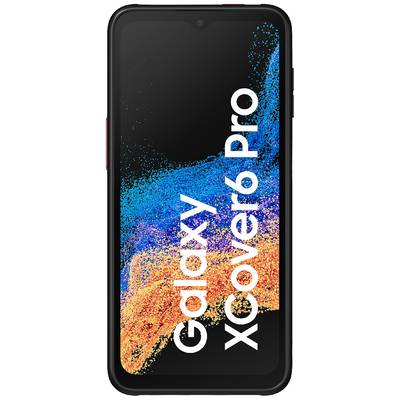 Smartphone au boîtier robuste, affiché sur l'écran : « Galaxy XCover6 Pro ». Sur un fond noir, bleu et orange.
