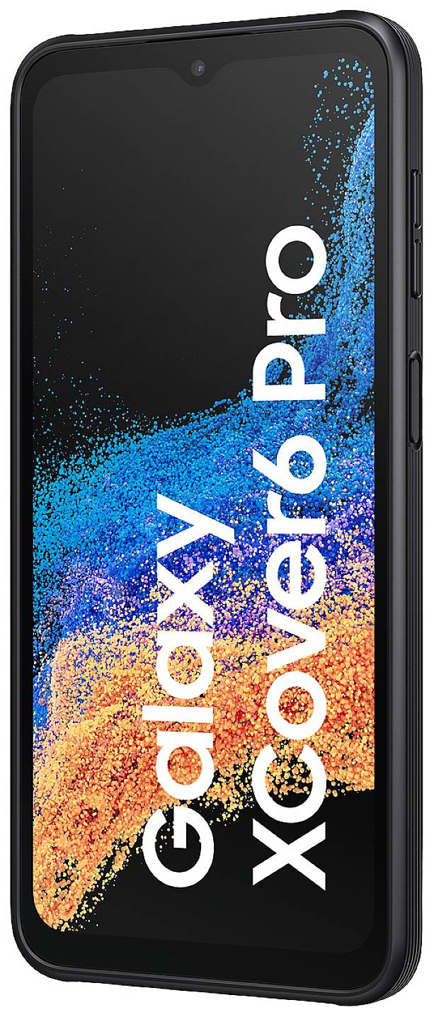 Smartphone 'Galaxy XCover6 Pro' au design robuste et à l'écran lumineux, présenté dans un boîtier noir.