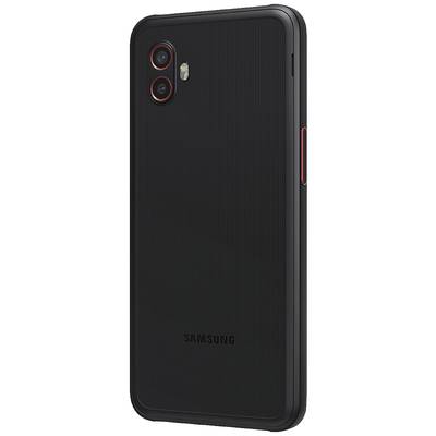 Un smartphone noir robuste avec deux objectifs de caméra et un flash LED, un bouton d'alimentation rouge sur le côté. Nom de la marque en bas.