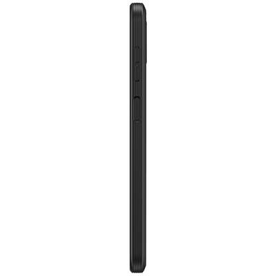 Un téléphone portable à clapet noir et élégant, vu de côté, avec des touches visibles sur le côté.