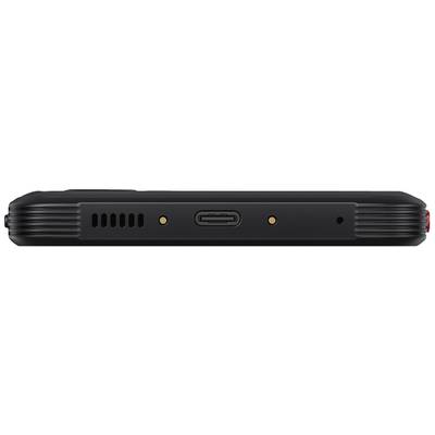 Vue unilatérale d'un appareil électronique noir avec un port USB-C et deux points de contact dorés au centre, entourés de fentes d'aération.