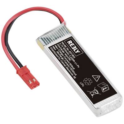 Batterie LiPo avec câble de connexion rouge et noir, étiquetée avec des spécifications techniques et un symbole de recyclage.
