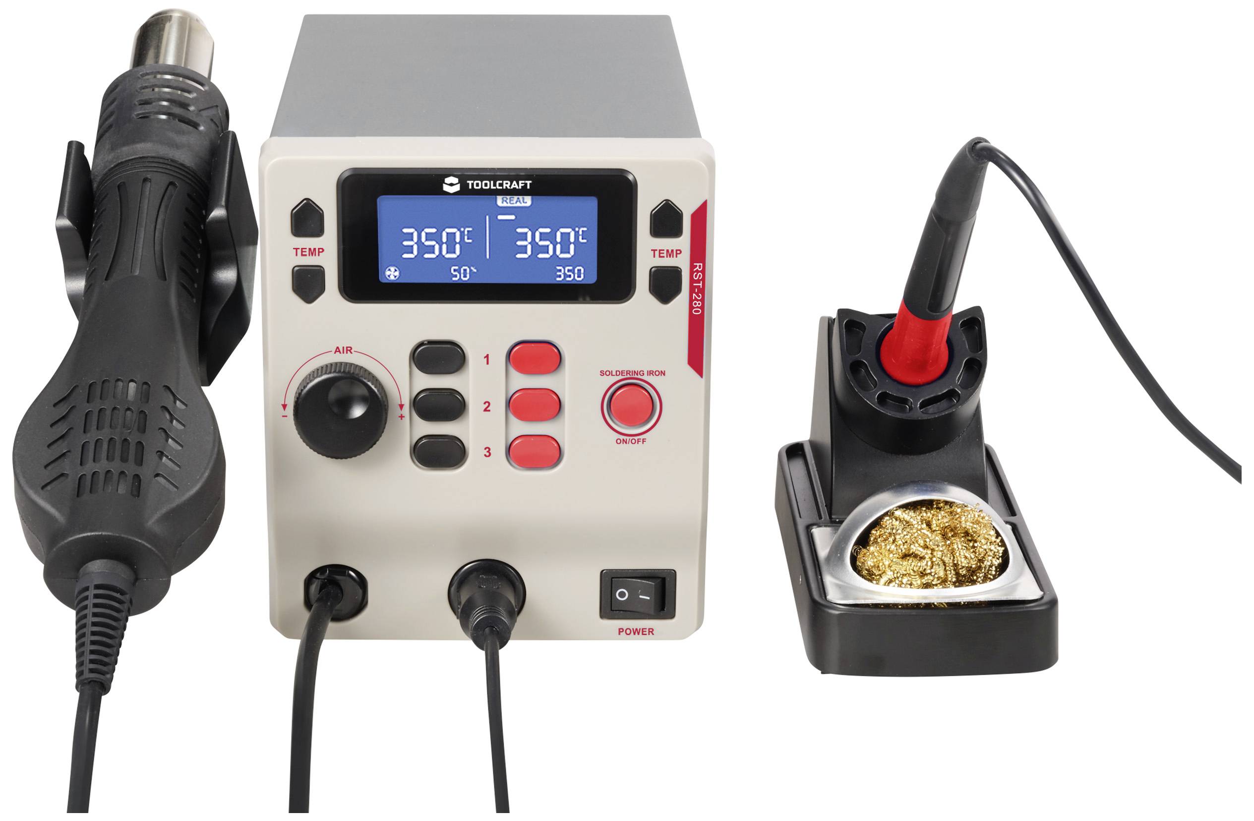 'Station de soudage avec affichage numérique indiquant 350 degrés, comprenant un support à air chaud et un support de fer à souder avec support et éponge de nettoyage.'