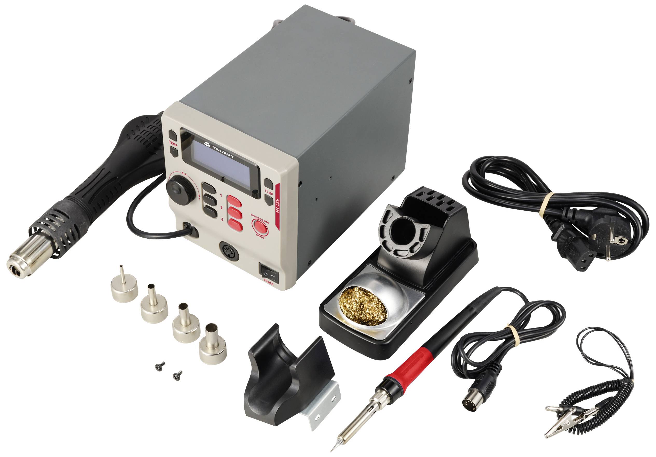 Station de soudage avec affichage numérique, comprenant un fer à souder, un pistolet à air chaud, un support de fer à souder, une éponge de nettoyage et divers accessoires.